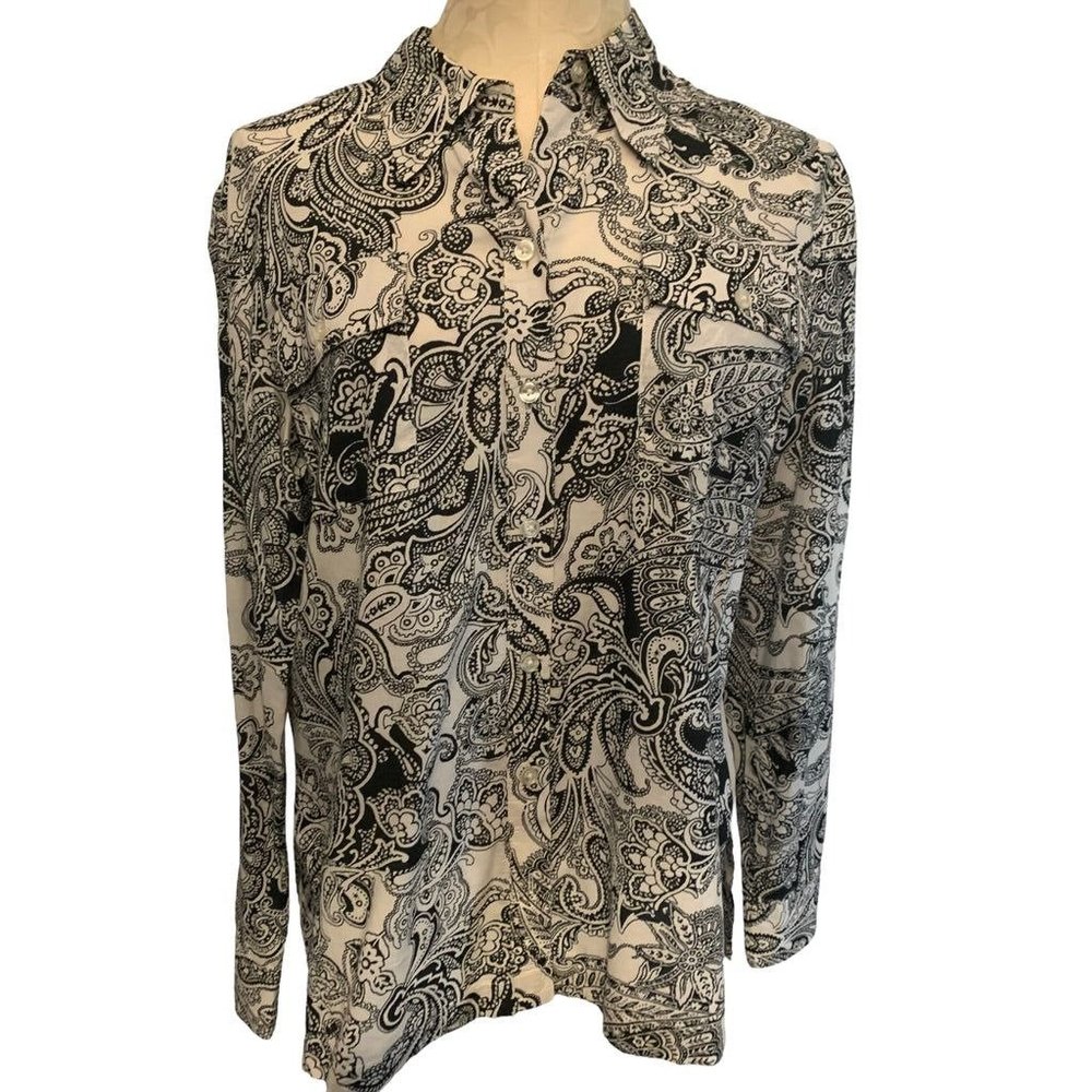 Large Jones New York Signature Black Off White Paisley Print Women's Button Up